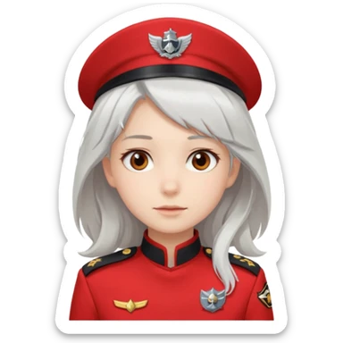 a girl with white loose hair, gray eyes maintains a calm expression on her face in a red captain's uniform to the waist sticker