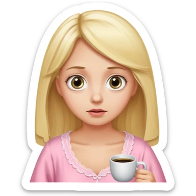 A blonde woman in a pink nightgown with wide eyes looks for coffee. sticker