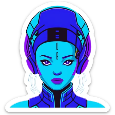 Cyberpunk African female portrait with digital augmentations, electric blue and purple lighting, high-tech headpiece with African pattern elements sticker