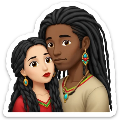 Mexican Woman with long hair kissing a young black guy with dreads no beard sticker
