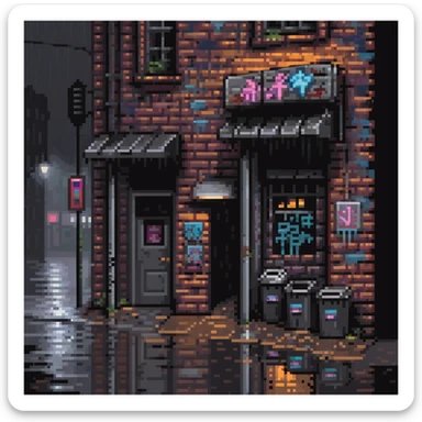 Pixel art background in side-scrolling view, inspired by classic Sega fighting games. Dark urban street in front of an old brick building, with graffiti, broken windows, metal door, trash cans, flickering neon sign, and a streetlamp. Gritty atmosphere, nighttime, subtle rain puddles on the ground. sticker