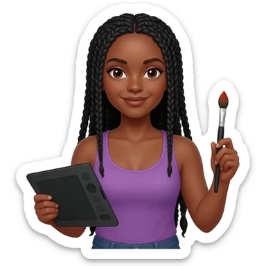 Emoji représentant une femme à la peau marron avec de longues braids noires et portant un beau débardeur violet, tenant une tablette graphique dans une main et un pinceau dans l’autre sticker