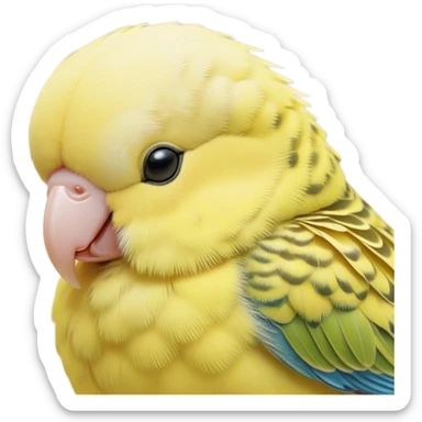 Meme-Worthy Cute Sleeping Yellow Budgie Portrait Emoji, Head resting peacefully with a contented smile, showcasing a petite, delicate build and a luxuriously soft yellow feathered fur, eyes shut in a serene nap, Simplified yet hilariously adorable features, highly detailed, glowing with a soft, drowsy light, high shine, relaxed and utterly lovable, stylized with an air of playful laziness, bright and heartwarming, soft glowing outline, capturing the essence of a comically sleepy budgie, so meme-worthy it feels like it could instantly become the next viral sensation of adorable slumber! sticker