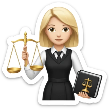 woman lawyer blanche et blonde avec des cheveux mi-long; elle est habillée avec une longue robe noire et une cravate blanche; elle soutient fièrement la balance de la justice  sticker