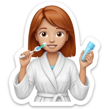 A reddish-brown-haired girl, newly awakened in the morning, is getting ready for work, brushing her teeth. sticker