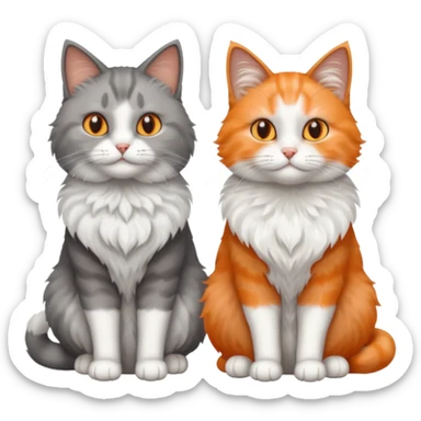 a realistic looking very fluffy grey and white cat with grey legs and white paws, sitting next to another cat sticker