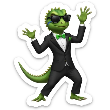 capitalist iguana banker in tuxedo and black sunglasses dancing crazy sticker