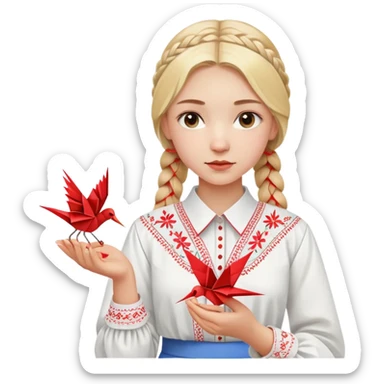 Ukrainian young girl with blonde braided hair wearing a white traditional embroidered shirt (vyshyvanka) holding a red origami paper crane in her hands sticker