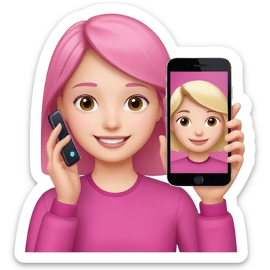 pink video call between one person holding the phone with a person on the phone screen sticker