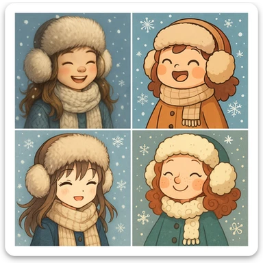 cute winter girl, wearing fur hat and earmuffs, snowflakes, diverse styles sticker