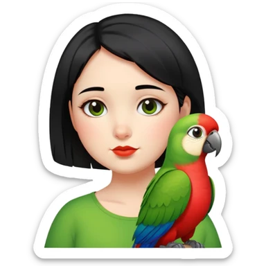 A chubby cheeks girl with short black hair with a green red lip parrot on her shoulder  sticker
