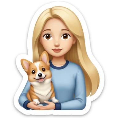girl with long striaght light blond hair hold a corgi sticker