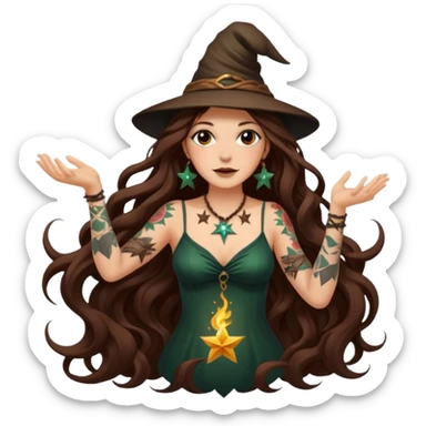 forest witch woman long wavy brown hair tattoos tossing star seed sticker