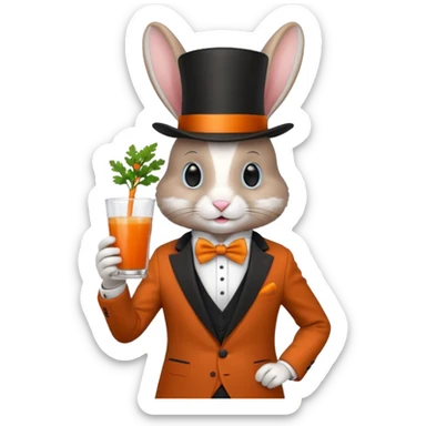 rabbit wearing suit, bowtie and top hat, holding glass of carrot juice sticker