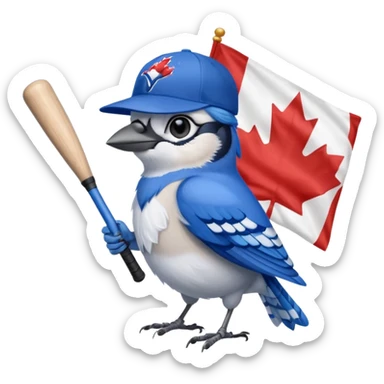 bluejay standing with baseball bat, wearing toronto blue jays baseball hat, holding Canada Flag 
 sticker