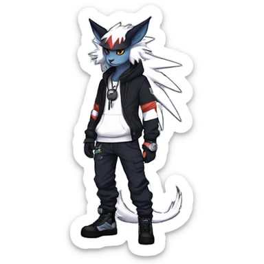 Cool Anthro Absol-Noivern-Litten-Lynx-Pokémon with edgy stripes hoodie spiked collar punk techwear Cargo Pants Full Body sticker