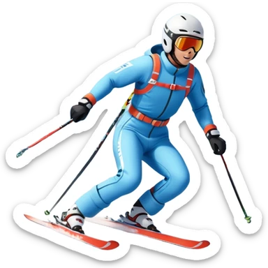 An icon featuring snowy peaks, pine trees, and a picturesque mountain landscape with a skier racing down a snow-covered slope. The sky is blue with soft clouds, capturing the thrill and beauty of alpine skiing. Transparent background highlights the excitement and serenity of winter sports. sticker