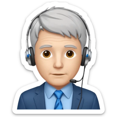 white male programmer with short messy silver gray hair, blue tie, small headphones sticker