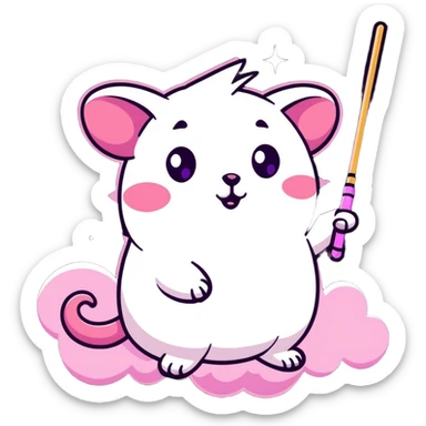 pink possum on a cloud, holding a magic wand, hint of evil in its eyes, surrounded by cosmic sparkles sticker