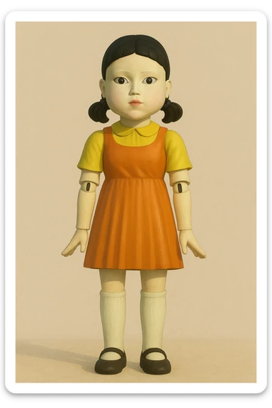 Red Light Green Light doll from Squid Game, yellow and orange dress, pigtails, standing, simple background sticker