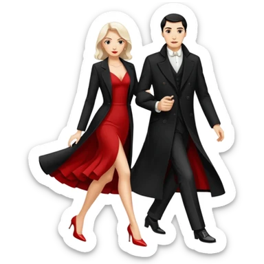 Ultra detailed realistic tango couple icon, black background, dramatic lighting, long black coat on man, white shirt and white shoes, red dress and white heels on woman, centered, minimal background, high contrast, 4K resolution, profile picture ready, sharp clean edges sticker