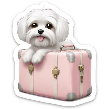 Maltese dog in a light pink bag standing on a suit case  sticker