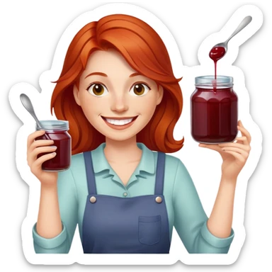redhead woman with big smile holding a glass jar with jam in one hand and a little spoon with jam in other hand sticker
