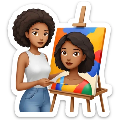 black women painting abstract shapes on canvas on painting easel sticker