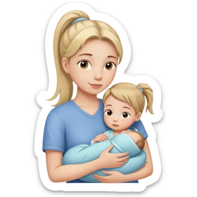 Girl with ponytail gently hugging a newborn baby and a young girl, family moment sticker