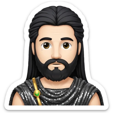 Saturn Time God with long black hair and beard, dark grey sequin toga sticker