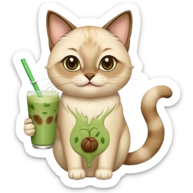 Happy Siamese Cat holding in its paws an iced matcha latte sticker