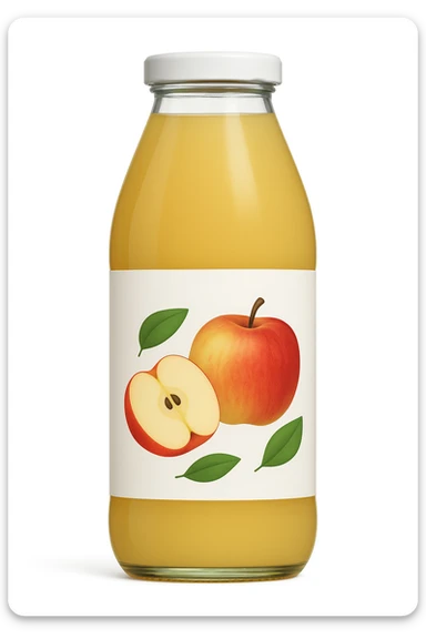 Change the juice and label to apple flavor, with an apple illustration on the label, matching the style and bottle shape of the reference image. sticker