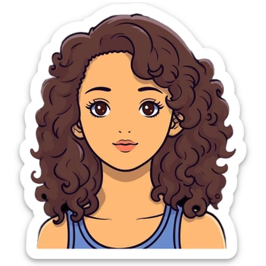 young woman with long curly brown hair, hazel eyes, long eyelashes sticker