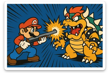 Mario firing a shotgun at Bowser, comic book action lines, dramatic scene, cartoon style sticker