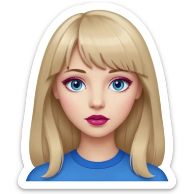 Woman with long dark blond hair and bang, blue eyes, raspberry lip  emoji sticker