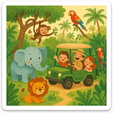digital illustration of jungle safari in the style of children's story book sticker