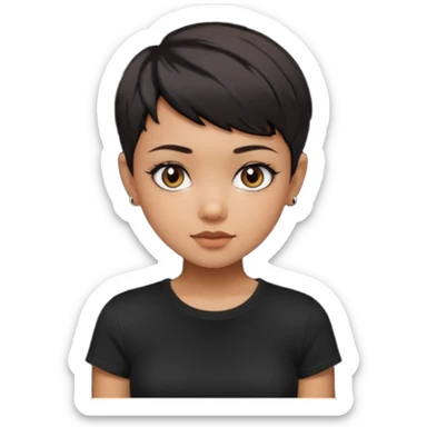 A girl with black short pixie haircut cut, dark brown eyes that almost look like black, caramel tone skin colour. Wearing a black t-shirt.  sticker