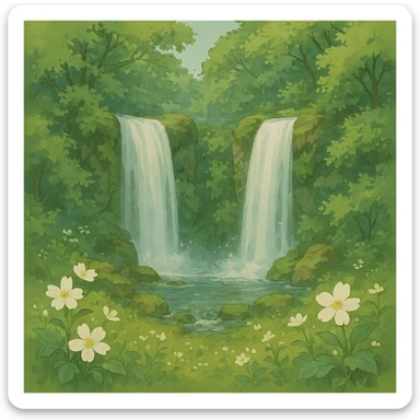 double waterfall in forest, some white flowers, natural colors, soft, fairy-like atmosphere, no background, square size sticker