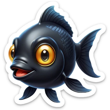 Cinematic Comical Black Goldfish Portrait Emoji, Head tilted dramatically with an exaggeratedly amused expression, featuring a striking, glossy deep black body with vibrant, fluttering fins, wide, expressive golden eyes filled with playful disbelief, Simplified yet hilariously expressive features, highly detailed, glowing with a slightly sassy glow, high shine, dramatic yet playful, stylized with an air of cheeky mischief, bright and endearing, soft glowing outline, capturing the essence of a spirited and over-the-top goldfish, so meme-worthy it feels like it could side-eye its way into internet fame instantly! sticker
