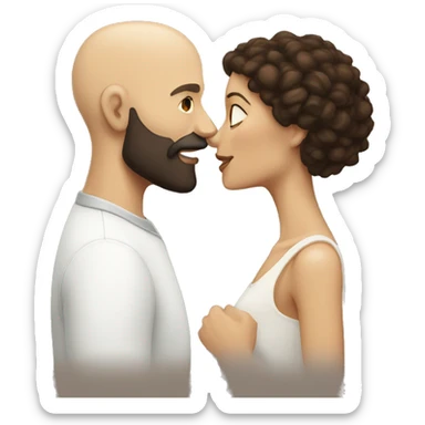 White Man bald with dark beard kissing short brown woman with long dark curly hair sticker