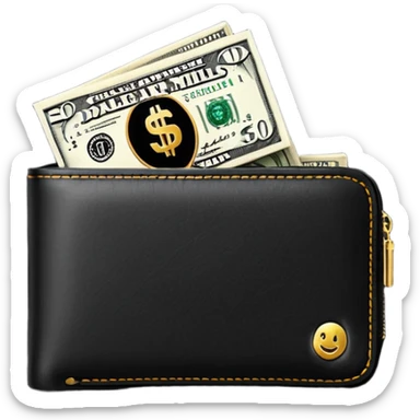 Rich emoji style black leather wallet with dollar bills, luxury money vibe, premium 3D emoji, ultra clean, high detail, no background sticker