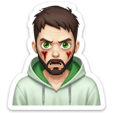 zombie with shocked expression, undercut hairstyle with dark brown hair, short full beard, intense green eyes, wearing plain white hoodie sticker