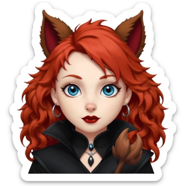  long curly red hair (darker), red pointed ears with black trim, black goth outfits, body and face human, blue eyes, more pointy chin, black lipstick, one big fluffy red squirrel tail with black tips, like the attached photo with more outfits and poses,  sticker