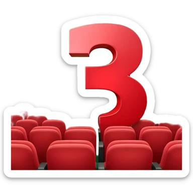 A 3D number 3 in a movie theater setting, shiny red surface; bright string lights on the number, the border is green with tiny string lights like stroke ; cinematic glow with subtle haze; glossy, premium Hollywood countdown look; centered composition. sticker