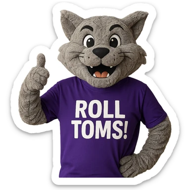 Tommie the Tomcat, University of St. Thomas mascot, in a purple t-shirt that says 'Roll Toms!', smiling and giving a thumbs up sticker