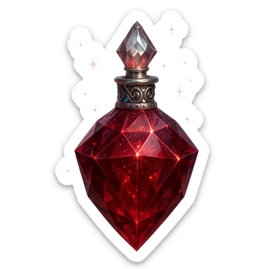 luxurious crystal elixir bottle in faceted red crystal shape, deep red color, ornate silver and iridescent details, magical glowing and sparkling effects, very small neck, seamless bottom, bottle clearly floating in air, no base or shadow, modern, collection style, transparent background sticker
