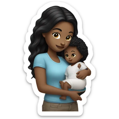 white girl with black hair playing with baby doll sticker