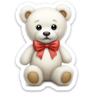 a sweet white teddy bear with a bow around its neck sticker
