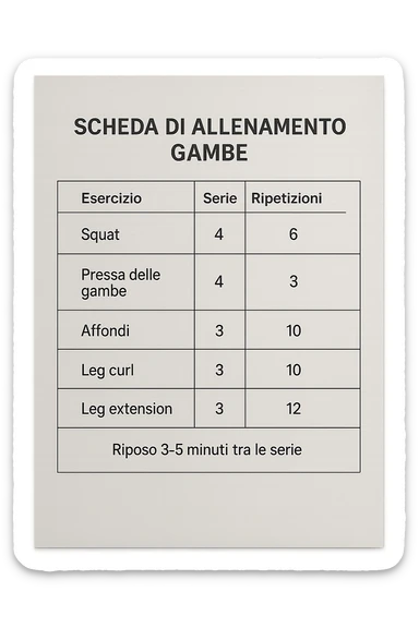 scheda di allenamento gambe in italiano che segna 3-5 minuti di recupero tra le serie, vista dall'alto, iperrealistica 4k sticker