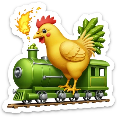 Chicken eating a train while the chicken is exploding earrings a pickle sticker